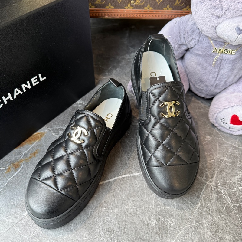 CHANEL菱格紋羊皮雙C厚底樂福鞋休閒鞋38.5號*黑色-6