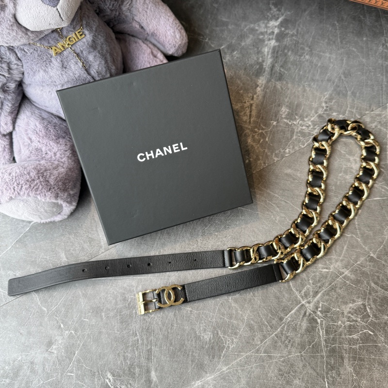 CHANEL小牛皮工藝金屬粗皮穿鏈皮帶*黑金-0