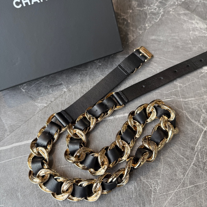 CHANEL小牛皮工藝金屬粗皮穿鏈皮帶*黑金-1