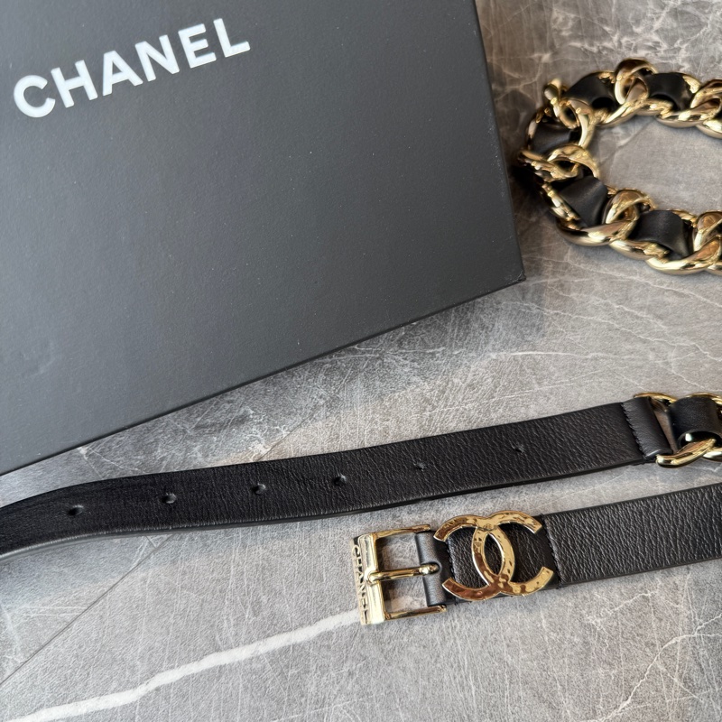 CHANEL小牛皮工藝金屬粗皮穿鏈皮帶*黑金-3