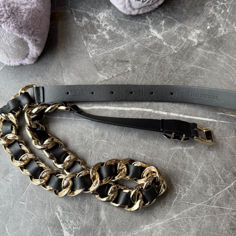 CHANEL小牛皮工藝金屬粗皮穿鏈皮帶*黑金-4