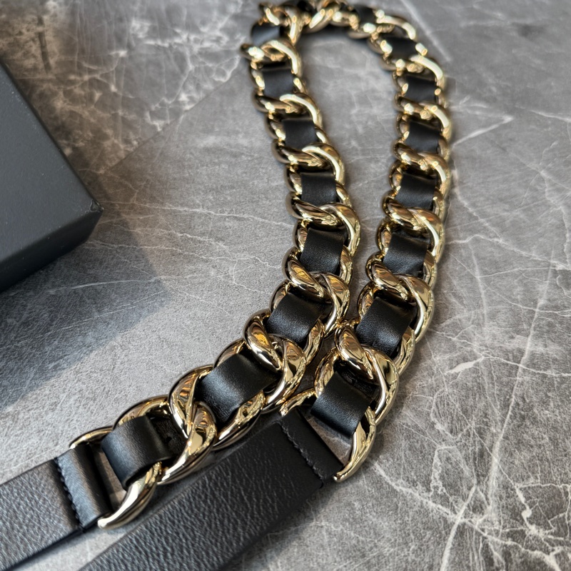 CHANEL小牛皮工藝金屬粗皮穿鏈皮帶*黑金-5