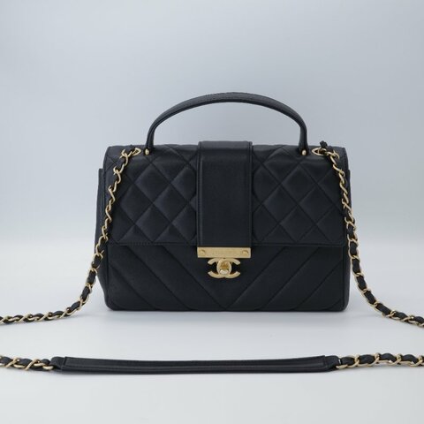 專櫃Chanel 香奈兒 In The City 28 開菱格紋 小牛皮 黑色 金扣 Top Handle 手提包 翻蓋包 斜挎包 單肩包