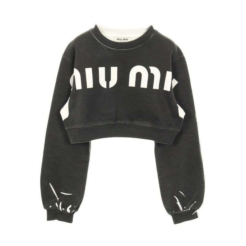 Miu Miu 短版衛衣長袖上衣，純棉材質，灰色/白色，二手女款，XS碼-0