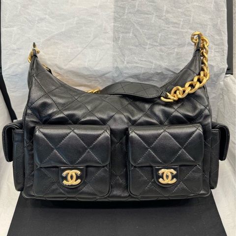 【配件：防塵袋小票 💕】chanel 25c hobo 腋下包 嬉皮包 中號/大號 黑金 羊皮