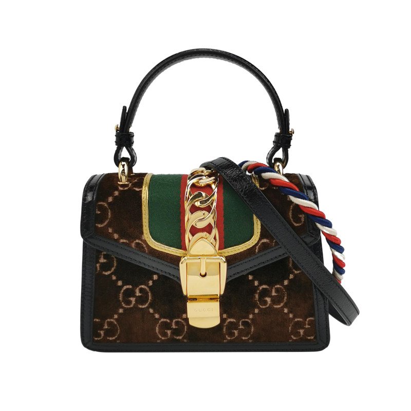 Gucci Sylvie塞爾維亞迷你帆布絨布油蠟皮拼色金屬扣織帶斜挎包-0