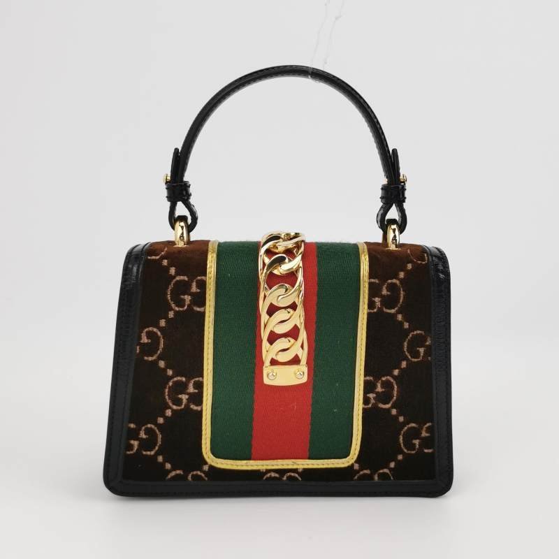 Gucci Sylvie塞爾維亞迷你帆布絨布油蠟皮拼色金屬扣織帶斜挎包-4