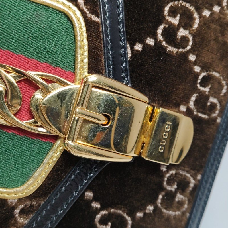 Gucci Sylvie塞爾維亞迷你帆布絨布油蠟皮拼色金屬扣織帶斜挎包-10