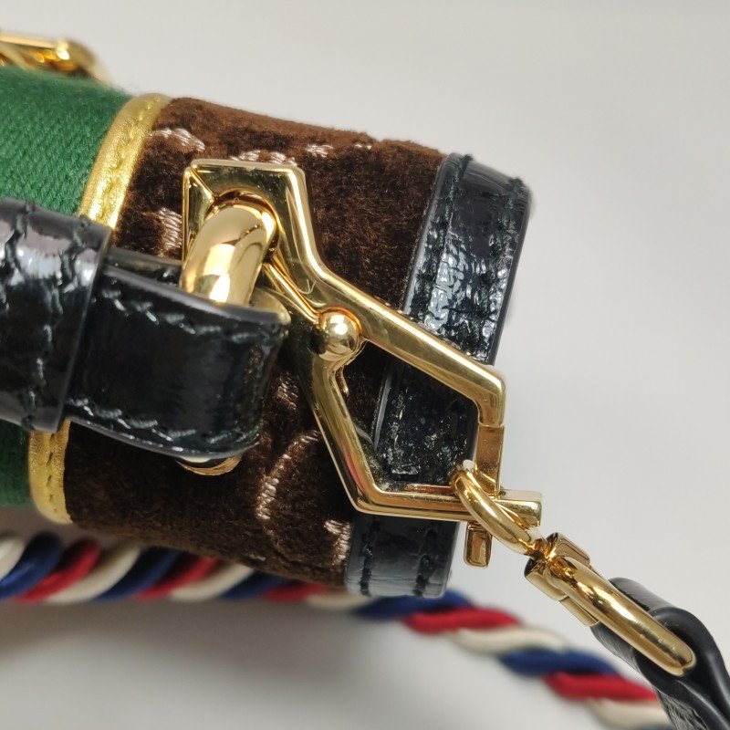 Gucci Sylvie塞爾維亞迷你帆布絨布油蠟皮拼色金屬扣織帶斜挎包-11