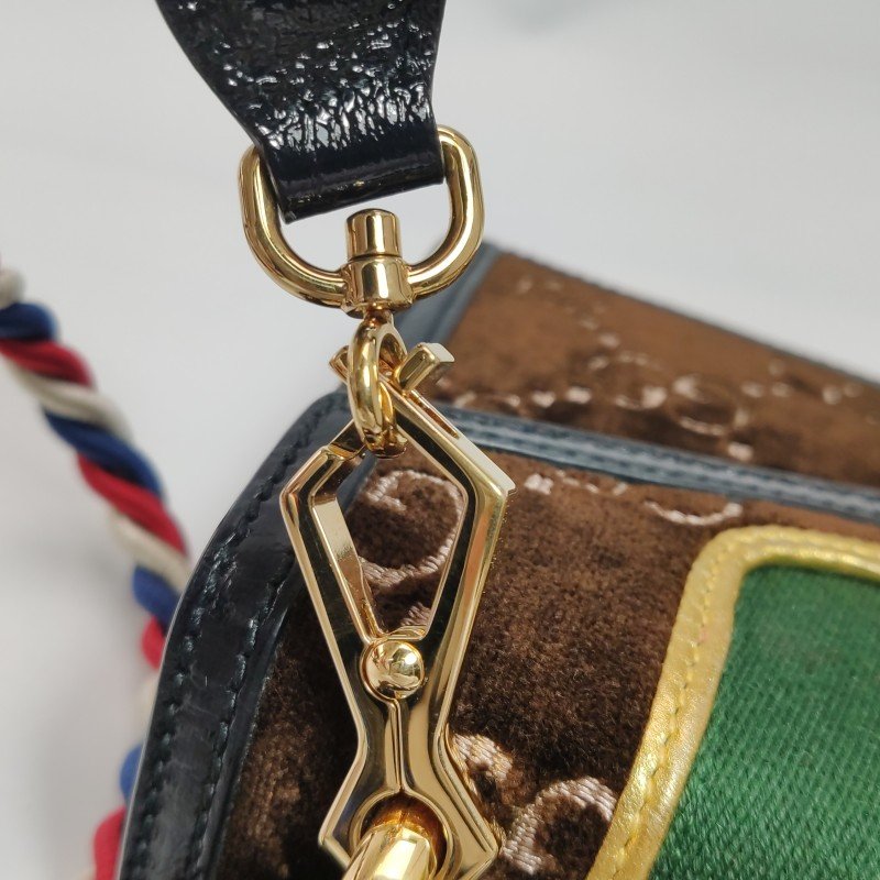 Gucci Sylvie塞爾維亞迷你帆布絨布油蠟皮拼色金屬扣織帶斜挎包-12