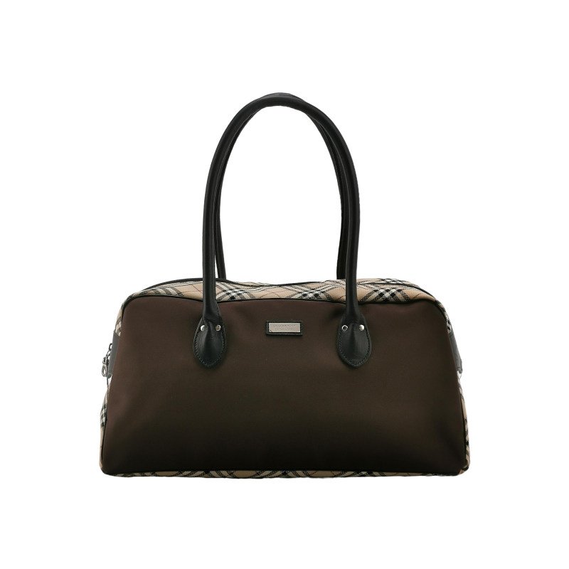 Burberry Blue Label牛皮帆布尼龍布拼色格紋字母logo中古單肩包-0