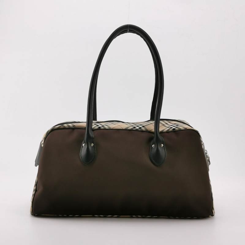 Burberry Blue Label牛皮帆布尼龍布拼色格紋字母logo中古單肩包-4