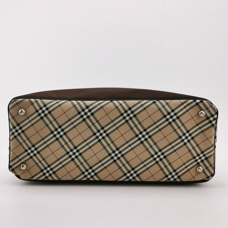 Burberry Blue Label牛皮帆布尼龍布拼色格紋字母logo中古單肩包-5