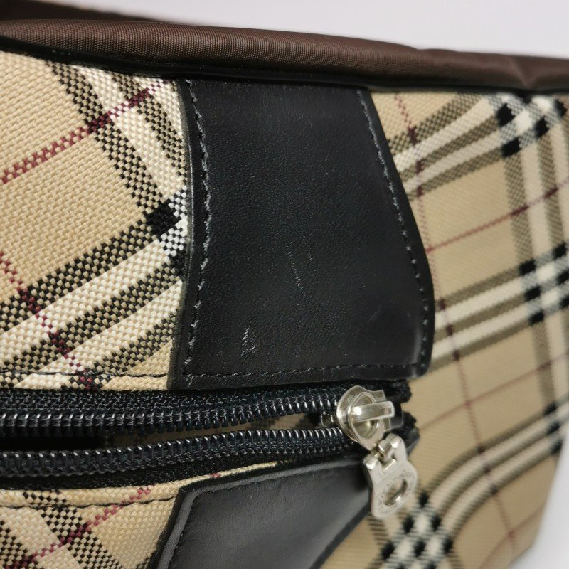 Burberry Blue Label牛皮帆布尼龍布拼色格紋字母logo中古單肩包-13