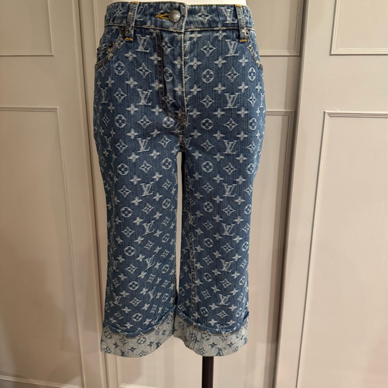 全新絕版限量LV路易威登滿版經典logo七分牛仔褲36/XS-0