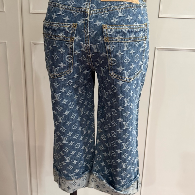 全新絕版限量LV路易威登滿版經典logo七分牛仔褲36/XS-7