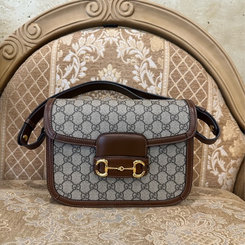 Gucci PVC咖牛皮金釦1955馬銜下蓋肩斜背包