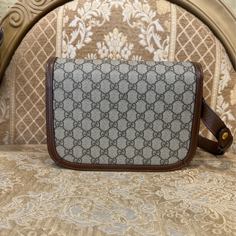 Gucci PVC咖牛皮金釦1955馬銜下蓋肩斜背包-1