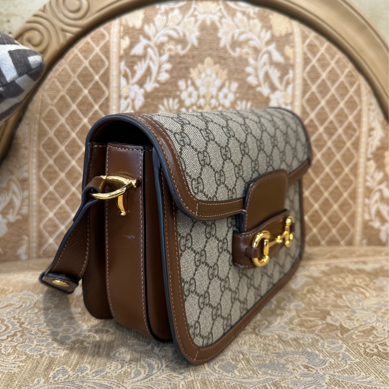 Gucci PVC咖牛皮金釦1955馬銜下蓋肩斜背包-2