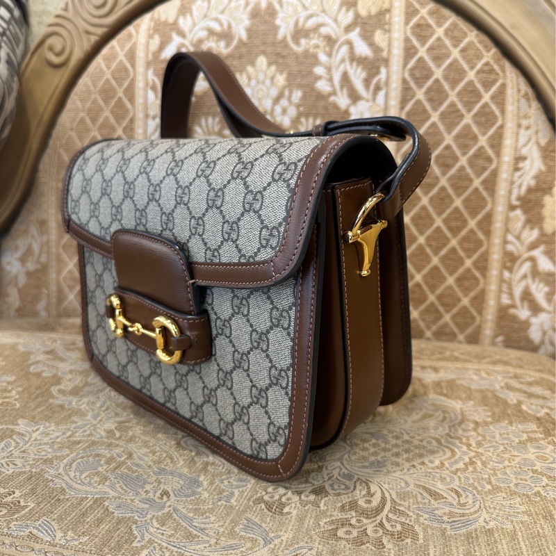 Gucci PVC咖牛皮金釦1955馬銜下蓋肩斜背包-3