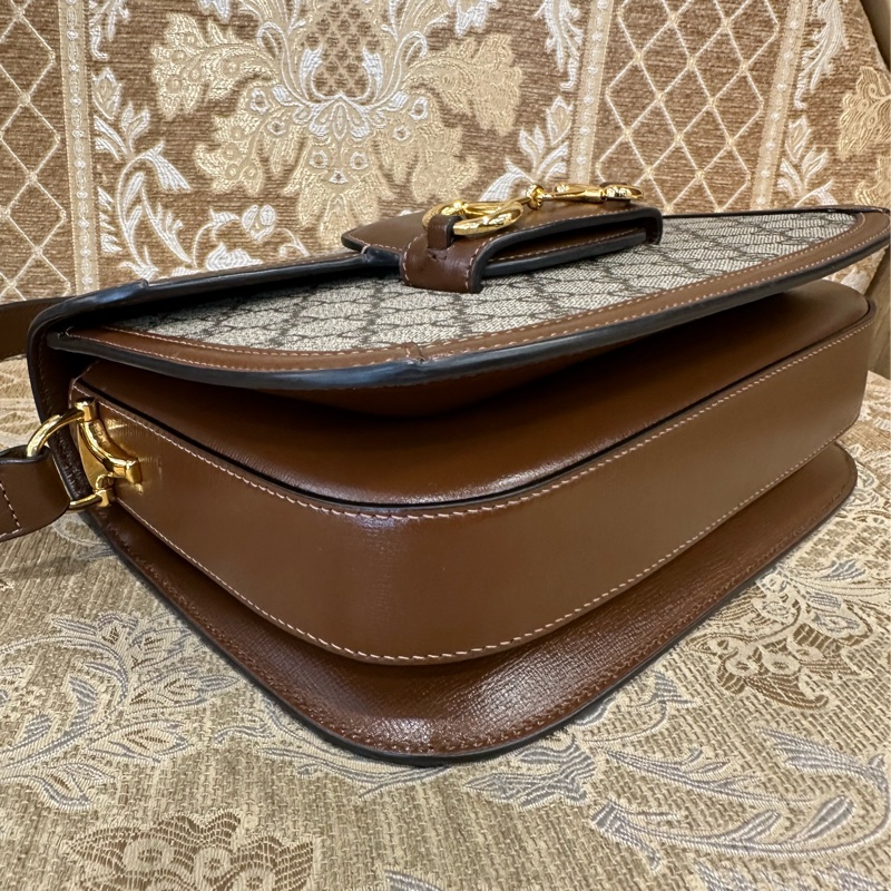 Gucci PVC咖牛皮金釦1955馬銜下蓋肩斜背包-5