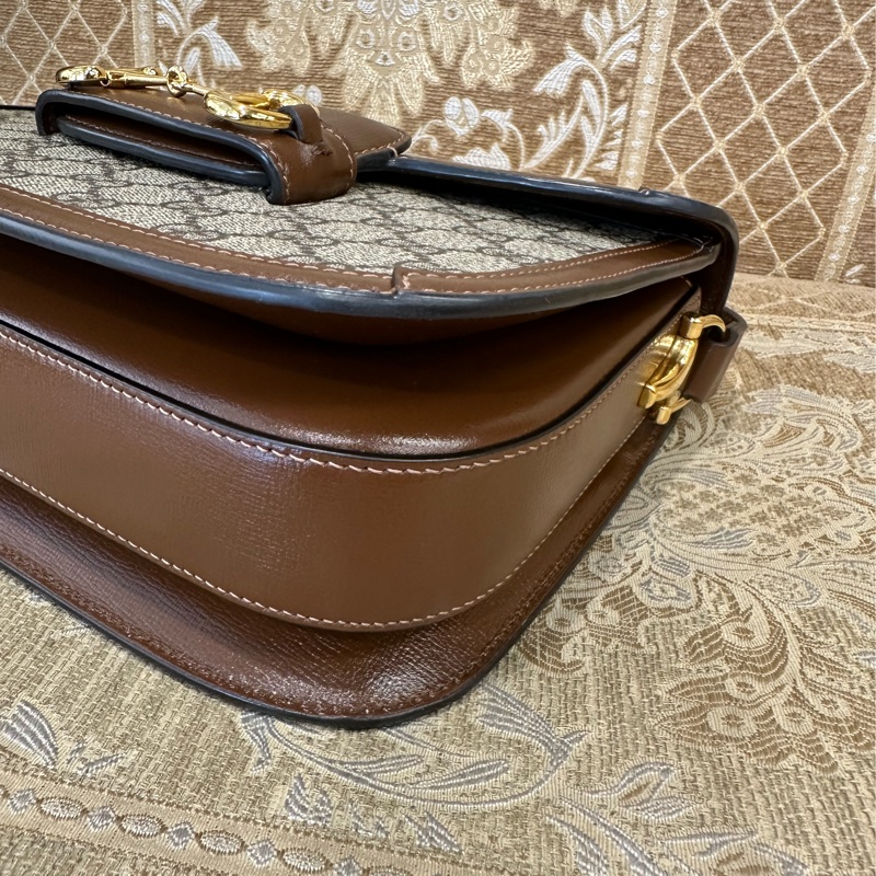 Gucci PVC咖牛皮金釦1955馬銜下蓋肩斜背包-6