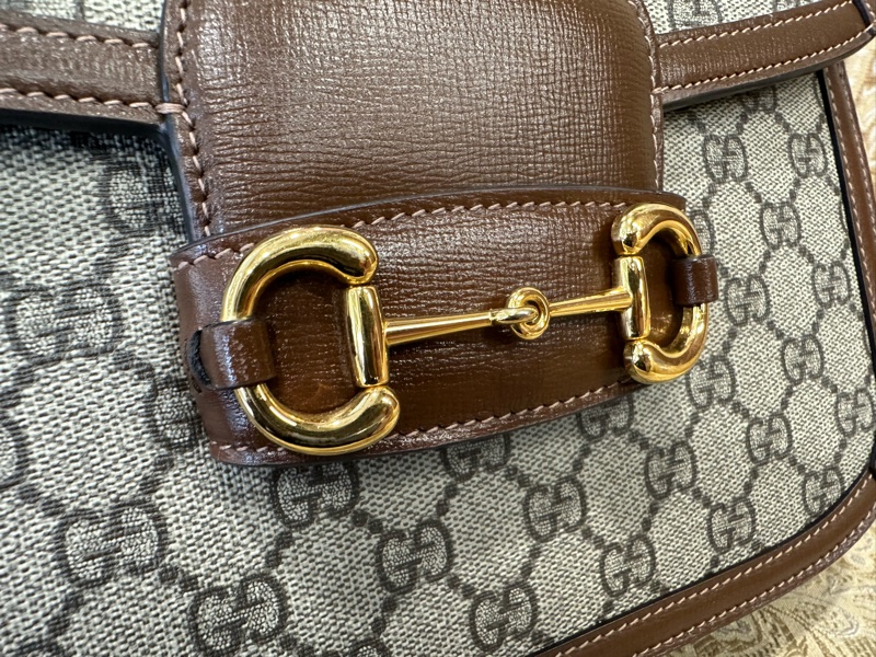 Gucci PVC咖牛皮金釦1955馬銜下蓋肩斜背包-7