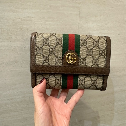 Gucci PVC咖牛皮金釦Ophidia下蓋12卡長夾