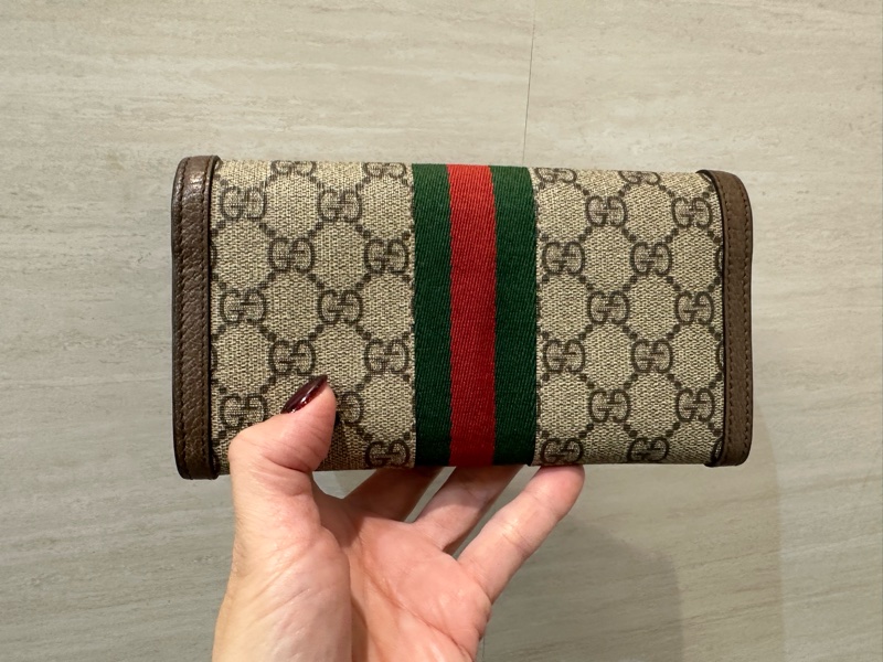 Gucci PVC咖牛皮金釦Ophidia下蓋12卡長夾-1