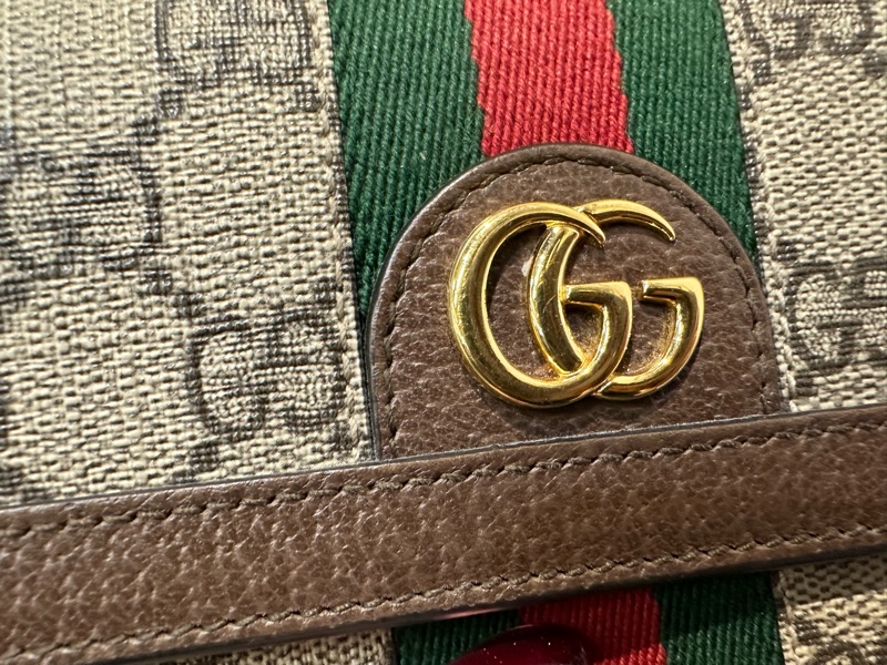 Gucci PVC咖牛皮金釦Ophidia下蓋12卡長夾-4