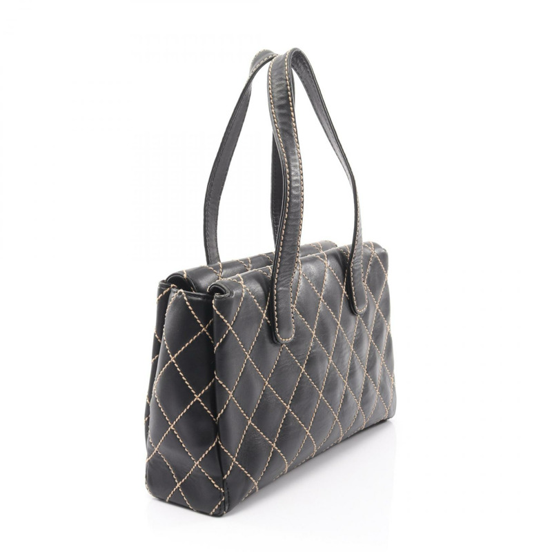 香奈兒 (CHANEL) 野性縫線手提包，黑色皮革，二手，女士，CC標誌，Coco品牌標誌-1