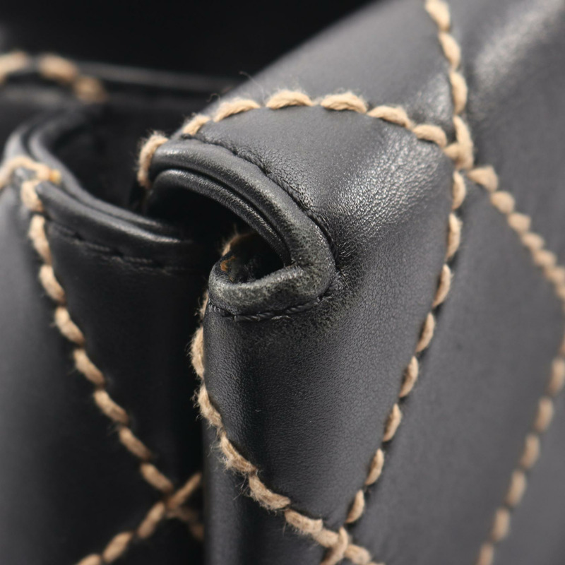 香奈兒 (CHANEL) 野性縫線手提包，黑色皮革，二手，女士，CC標誌，Coco品牌標誌-11