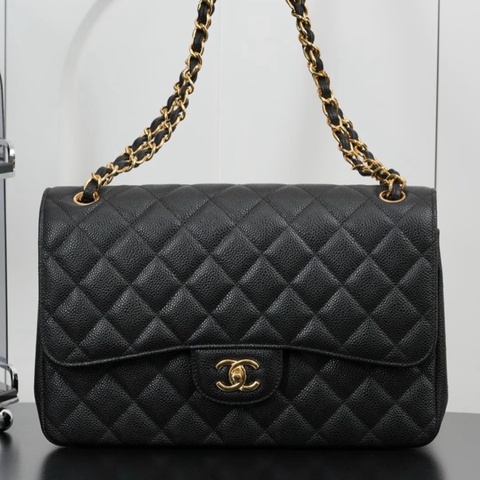 「JL精品代購」98新 Chanel 香奈兒 荔枝牛皮 黑金 jumbo