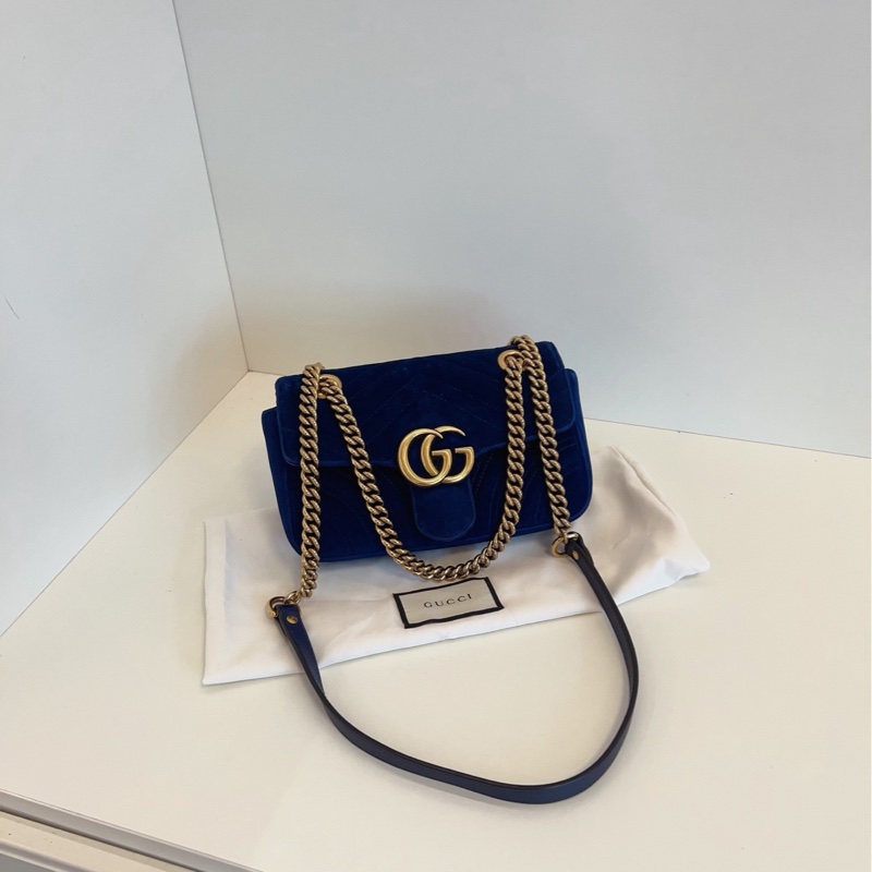 【98新🆕】Gucci 寶石藍色💎絲絨marmont 22 馬蒙愛心鏈條包手提單肩包-0