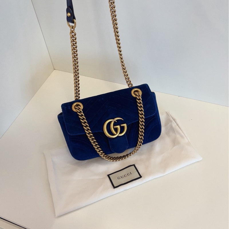 【98新🆕】Gucci 寶石藍色💎絲絨marmont 22 馬蒙愛心鏈條包手提單肩包-3