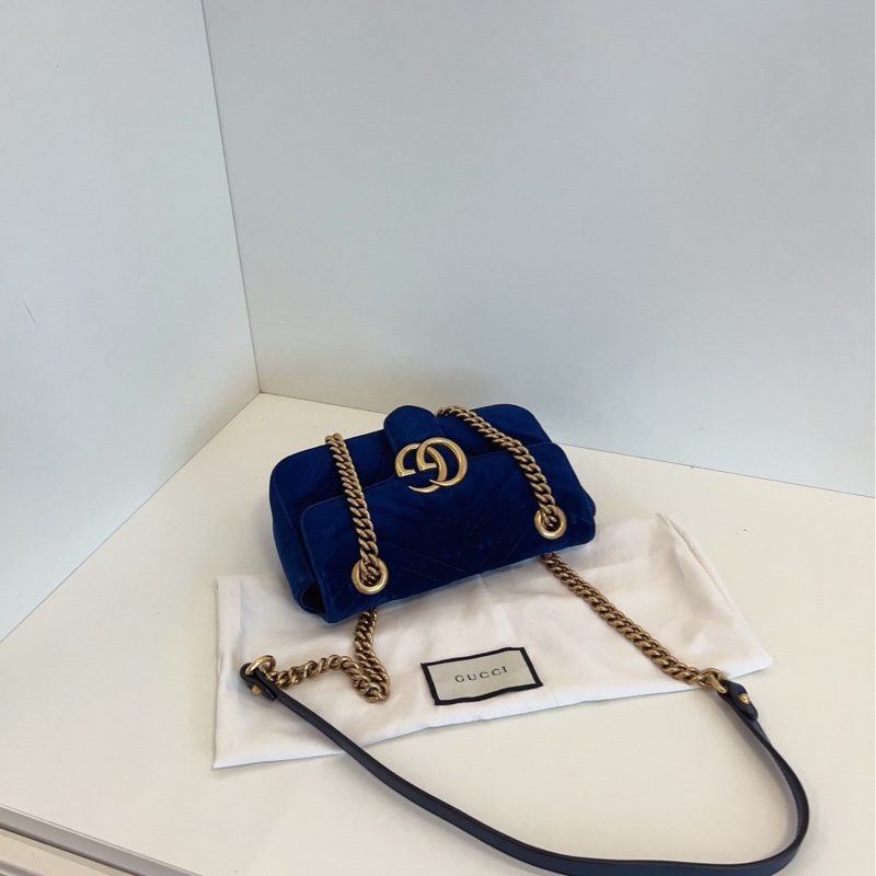 【98新🆕】Gucci 寶石藍色💎絲絨marmont 22 馬蒙愛心鏈條包手提單肩包-4