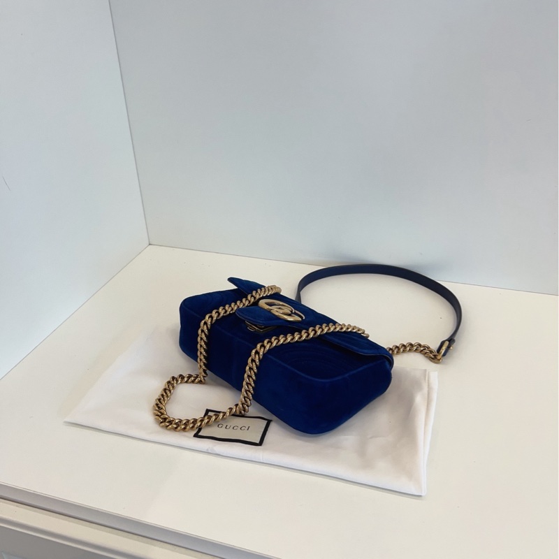 【98新🆕】Gucci 寶石藍色💎絲絨marmont 22 馬蒙愛心鏈條包手提單肩包-6