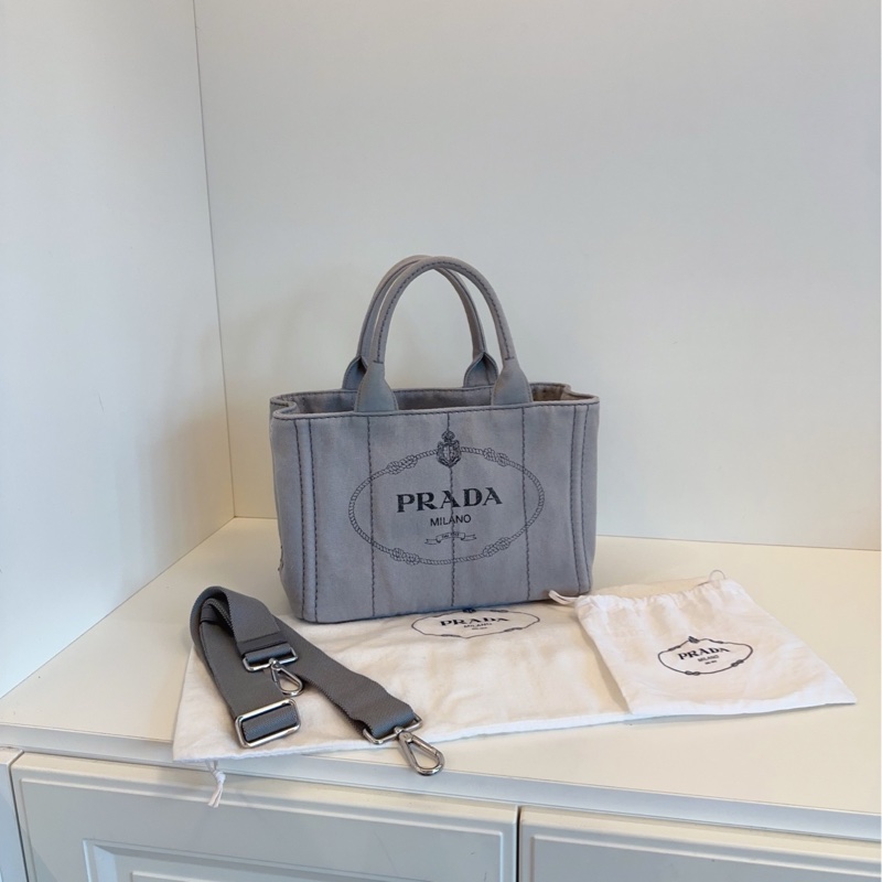 【98新🆕】Prada  淺灰帆布沙灘包 原裝肩帶 經典實用大容量手提包單肩包-0