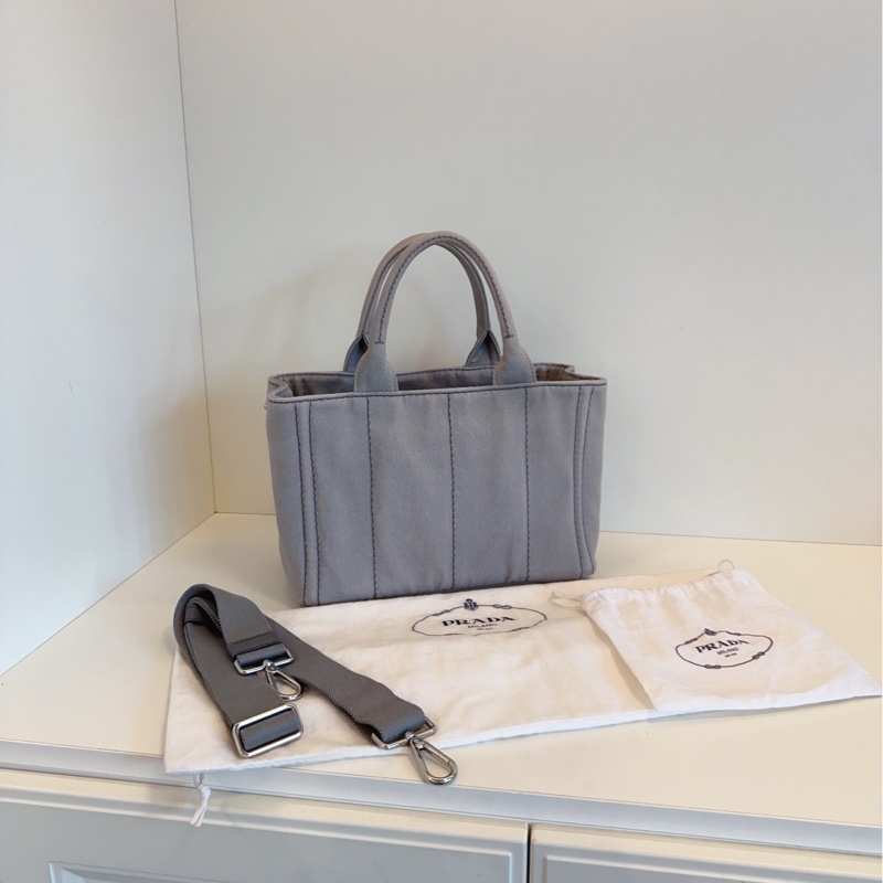 【98新🆕】Prada  淺灰帆布沙灘包 原裝肩帶 經典實用大容量手提包單肩包-1