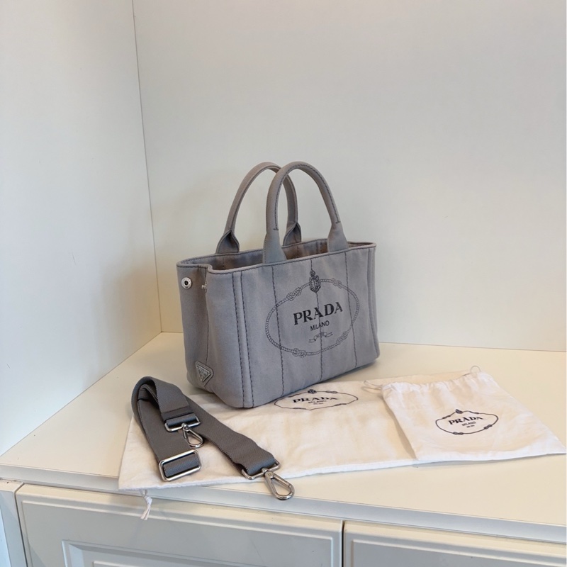 【98新🆕】Prada  淺灰帆布沙灘包 原裝肩帶 經典實用大容量手提包單肩包-2