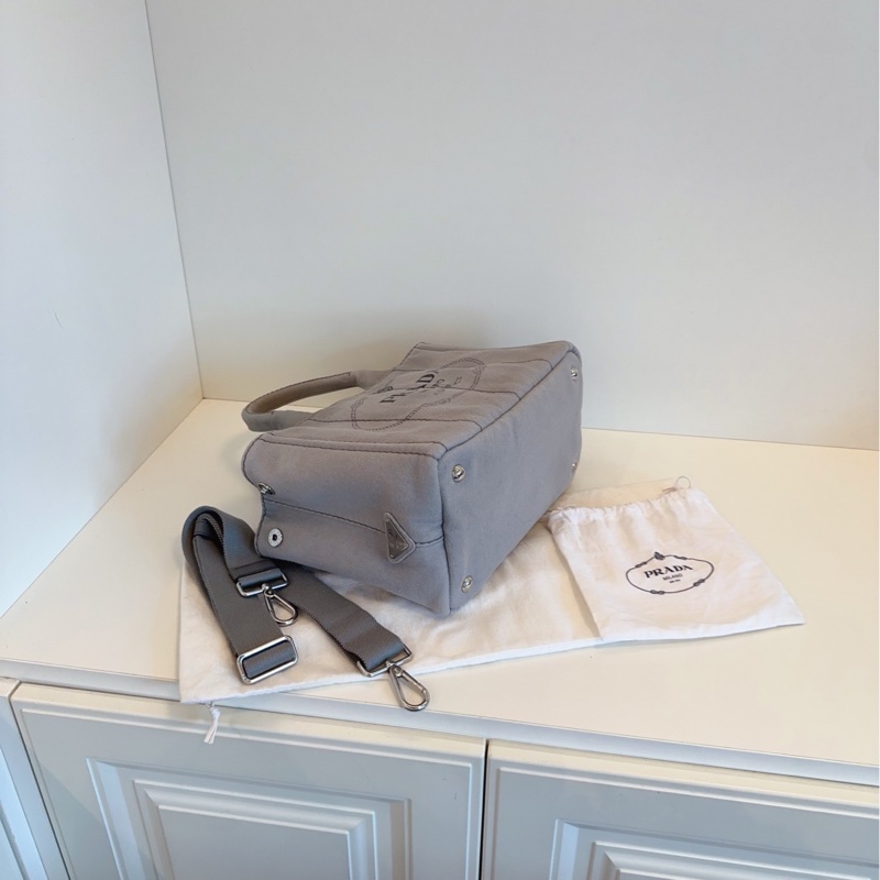 【98新🆕】Prada  淺灰帆布沙灘包 原裝肩帶 經典實用大容量手提包單肩包-4