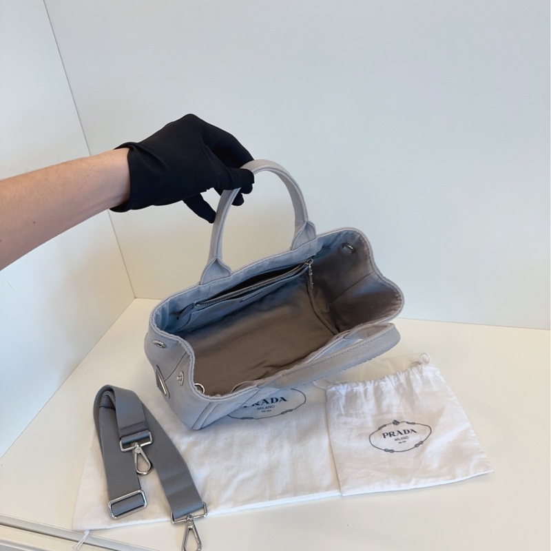 【98新🆕】Prada  淺灰帆布沙灘包 原裝肩帶 經典實用大容量手提包單肩包-8