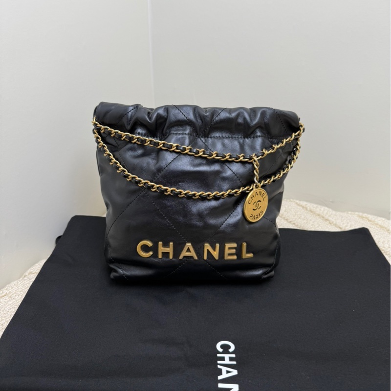 【88🆕】Chanel 22bag mini 黑色金扣小牛皮 小垃圾袋 購物袋 手提包-1