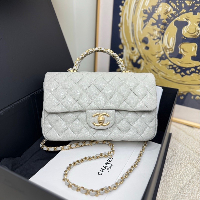 【閒置❤️全套帶票】Chanel 25B淺灰色金扣荔枝牛皮手柄CF大mini手提包 可單肩可斜挎-0