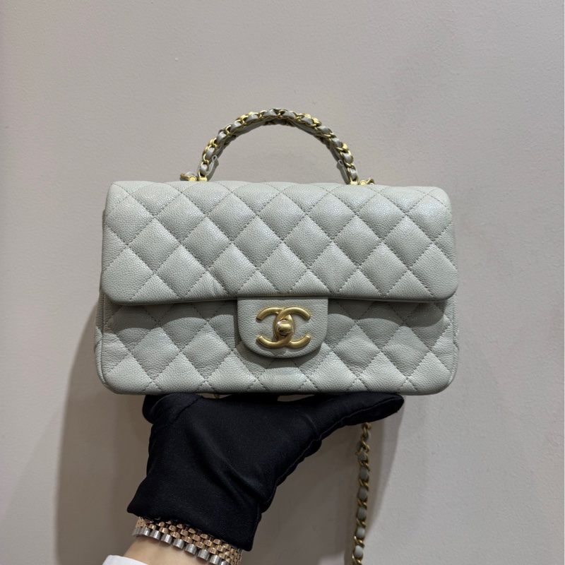 【閒置❤️全套帶票】Chanel 25B淺灰色金扣荔枝牛皮手柄CF大mini手提包 可單肩可斜挎-1