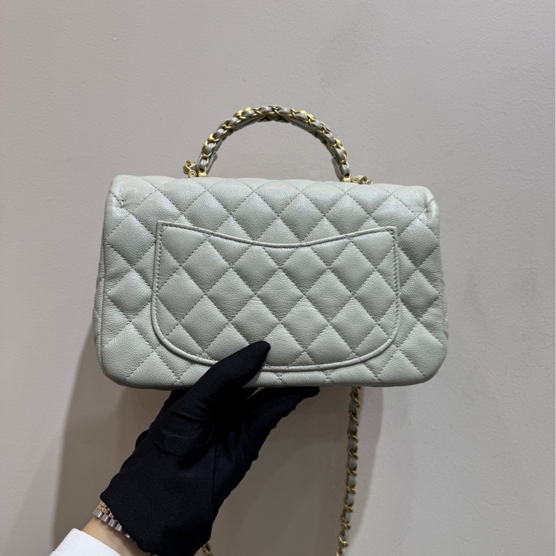 【閒置❤️全套帶票】Chanel 25B淺灰色金扣荔枝牛皮手柄CF大mini手提包 可單肩可斜挎-2