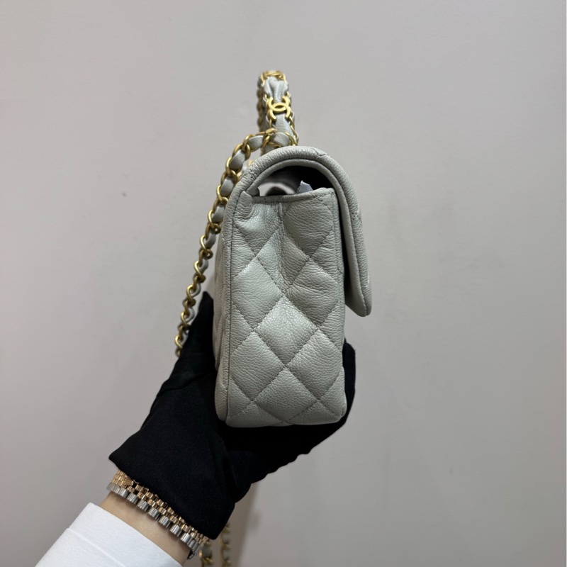 【閒置❤️全套帶票】Chanel 25B淺灰色金扣荔枝牛皮手柄CF大mini手提包 可單肩可斜挎-5