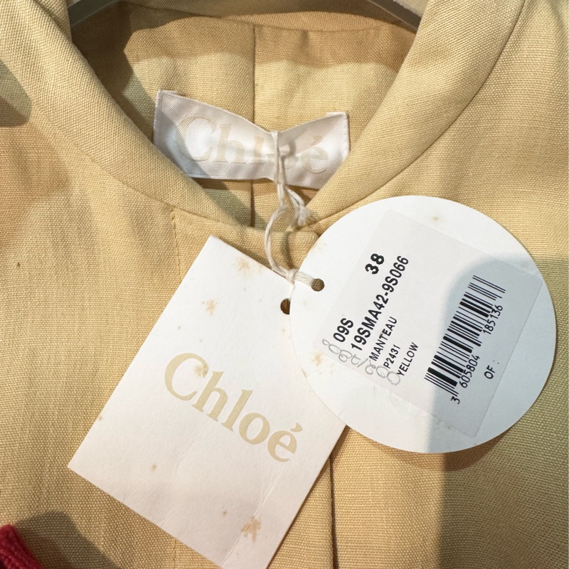 原近10萬全新閒置CHLOE芥末黃麻料金屬扣長外套F40/M-3