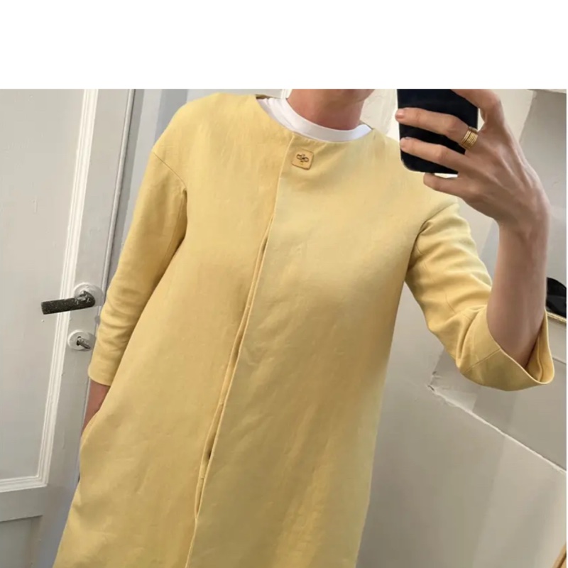 全新閒置法國CHLOE芥末黃麻料金屬扣長版風衣/長外套F38/SM-0