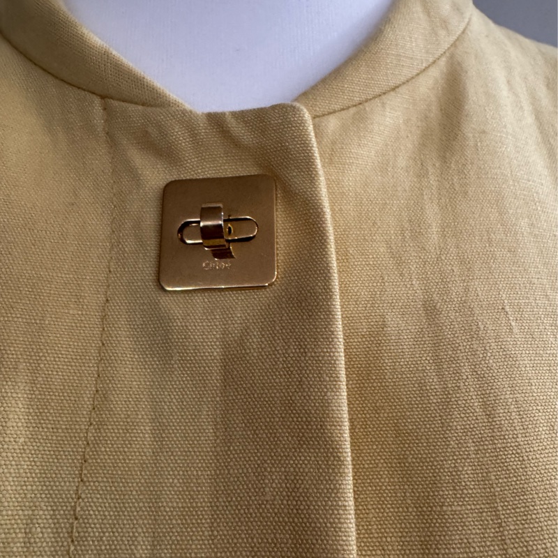 全新閒置法國CHLOE芥末黃麻料金屬扣長版風衣/長外套F38/SM-8